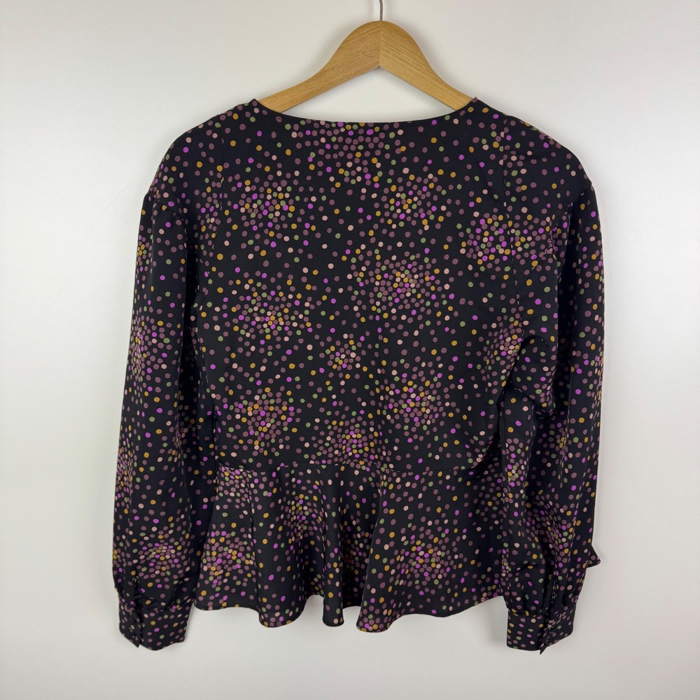 Kate Spade Polka Dot Wrap Blouse Size XS Black‎ Peplum Long Sleeve Preppy Office - Picture 3 of 8